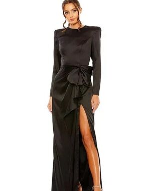 Mac Duggal Black Satin Long-Sleeve Gown with Side Slit and Waist Bow